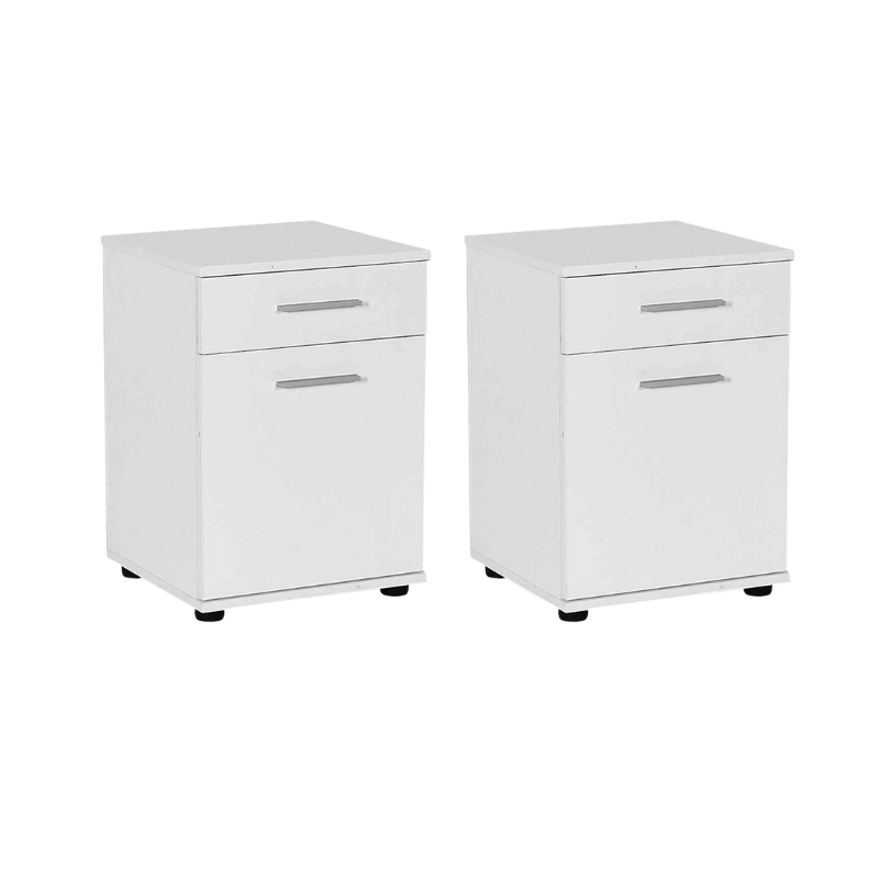 Set of two white CONNIE nightstands with drawers and cabinets, showcasing modern design and compact dimensions.