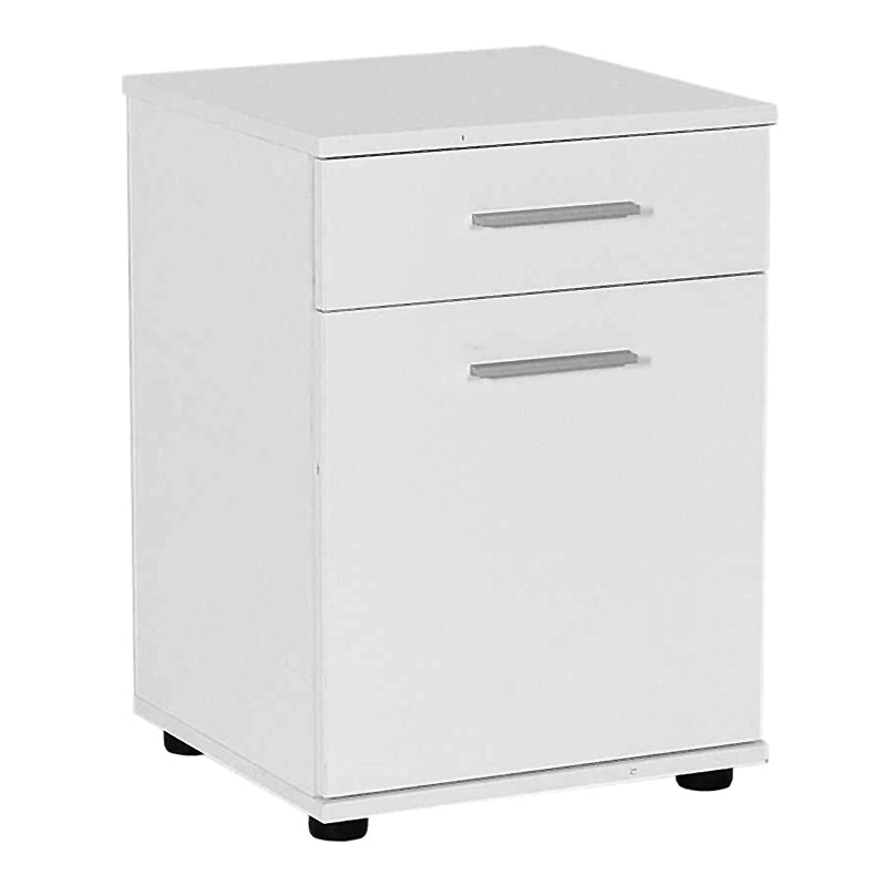 Set of two white CONNIE nightstands with drawers and cabinets, showcasing modern design and compact dimensions.