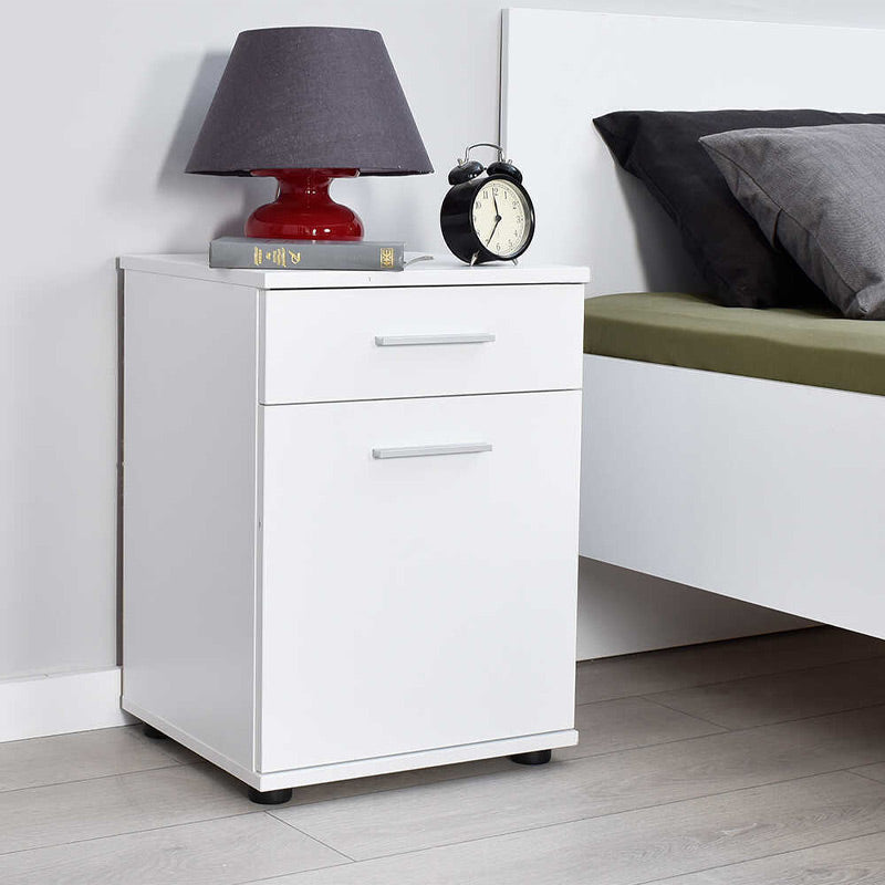 Set of two white CONNIE nightstands with drawers and cabinets, showcasing modern design and compact dimensions.