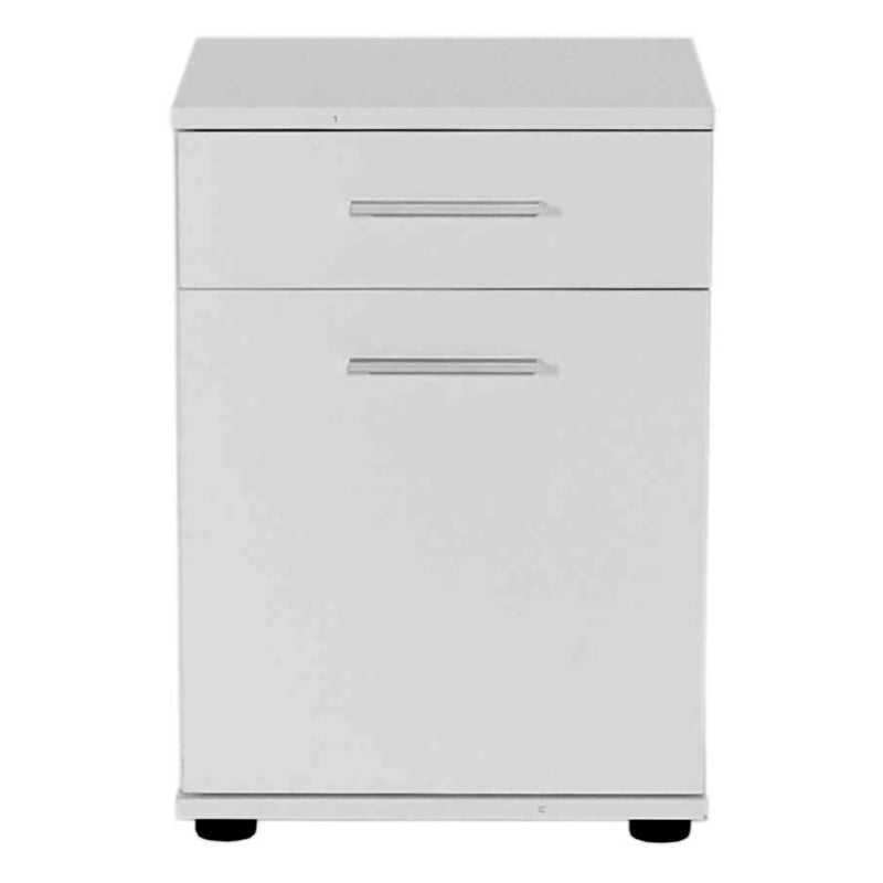 Set of two white CONNIE nightstands with drawers and cabinets, showcasing modern design and compact dimensions.