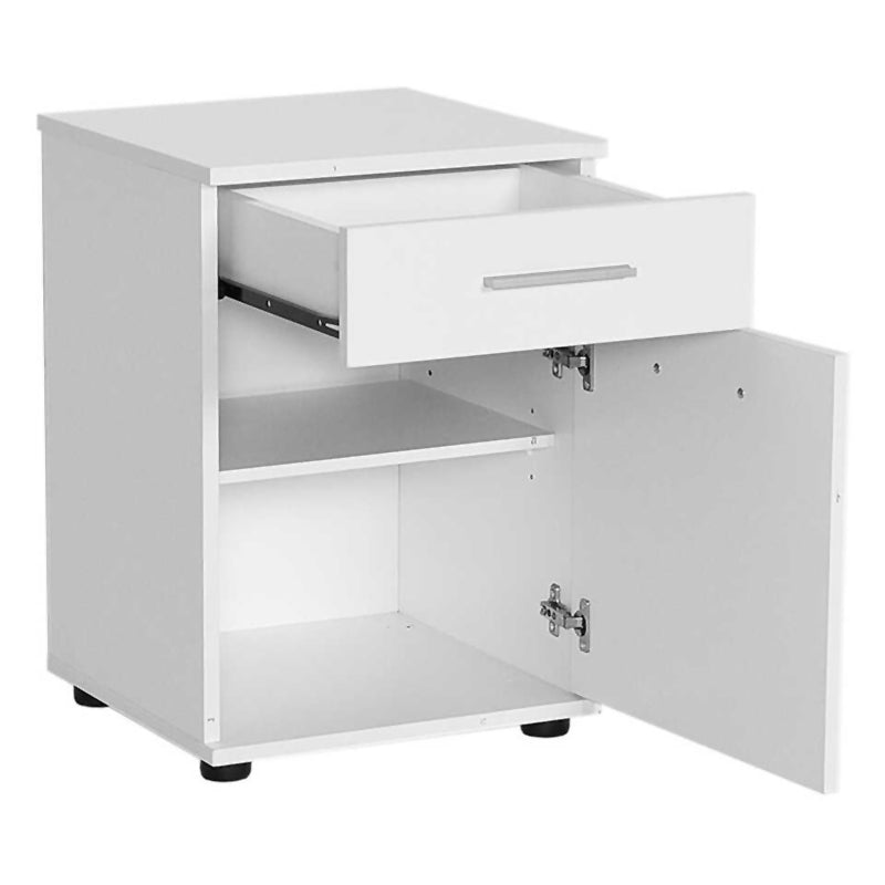 Set of two white CONNIE nightstands with drawers and cabinets, showcasing modern design and compact dimensions.