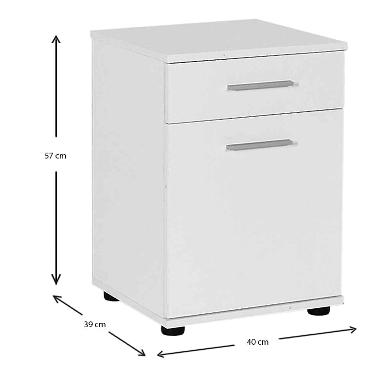 Set of two white CONNIE nightstands with drawers and cabinets, showcasing modern design and compact dimensions.