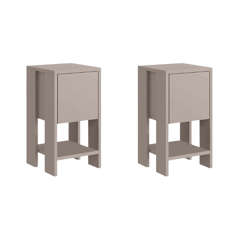 Set of two EMILIO nightstands in light mocha color, featuring a cupboard and shelf, dimensions 30x30x55 cm.