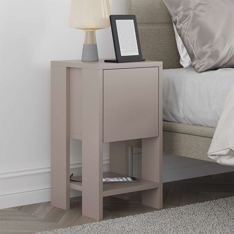 Set of two EMILIO nightstands in light mocha color, featuring a cupboard and shelf, dimensions 30x30x55 cm.