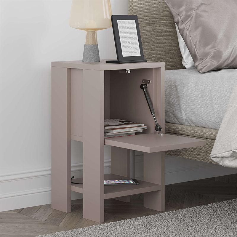 Light mocha EMILIO Nightstand with cupboard and shelf, dimensions 30x30x55cm, showcasing its sleek design and eco-friendly materials.