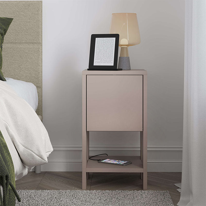 Light mocha EMILIO Nightstand with cupboard and shelf, dimensions 30x30x55cm, showcasing its sleek design and eco-friendly materials.