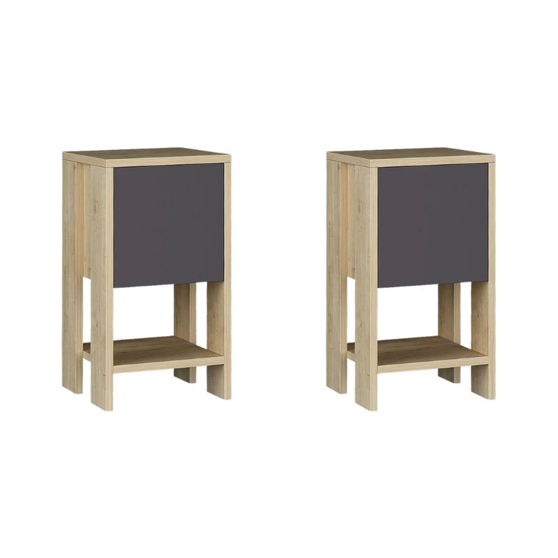 EMILIO Nightstand Set in oak and anthracite, featuring a cupboard and shelf, compact design 30x30x55 cm.