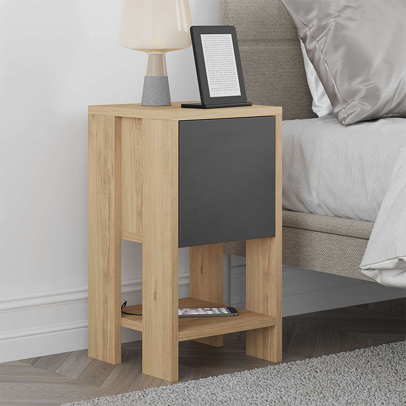 EMILIO Nightstand Set in oak and anthracite, featuring a cupboard and shelf, compact design 30x30x55 cm.