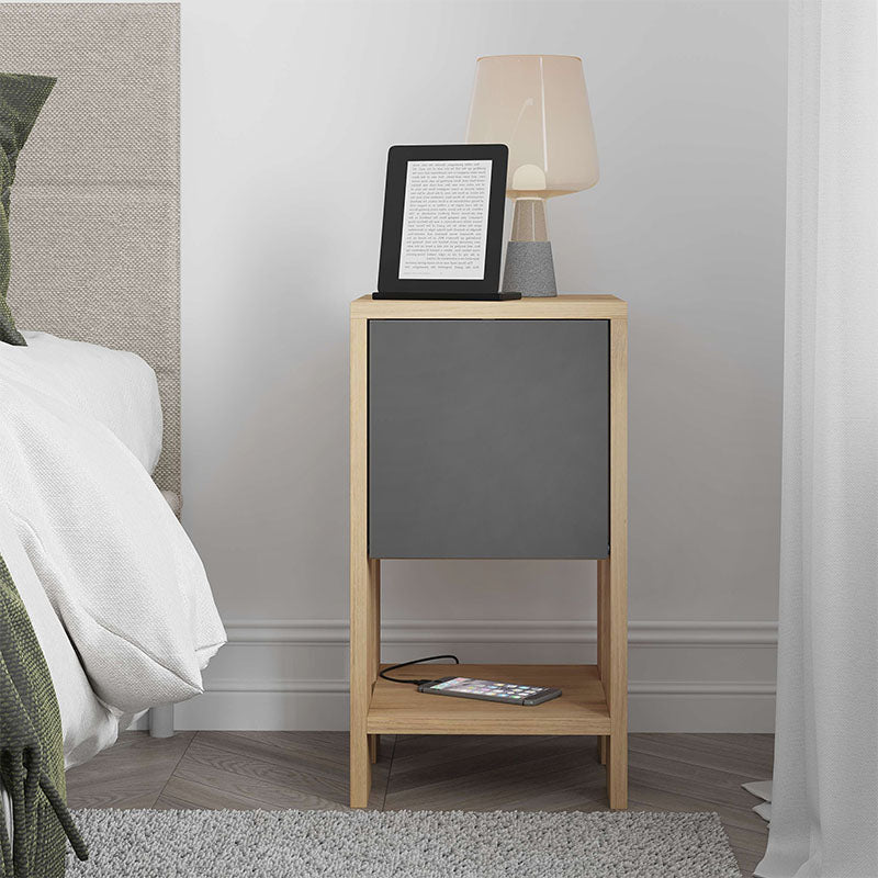 EMILIO Nightstand Set in oak and anthracite, featuring a cupboard and shelf, compact design 30x30x55 cm.