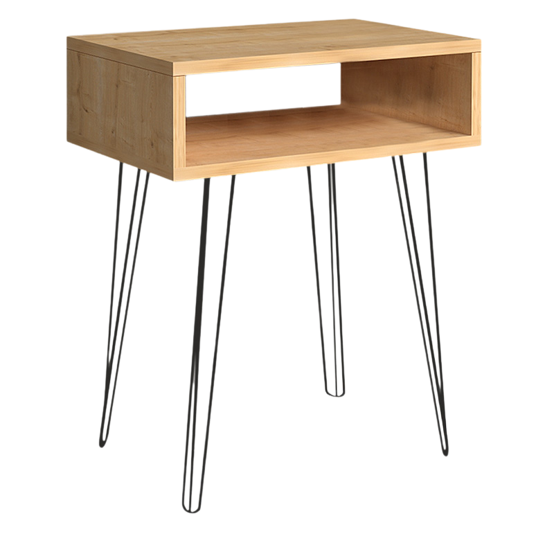 FIONA Nightstand set in oak finish with black metal legs, showcasing its sleek design and functional shelf.