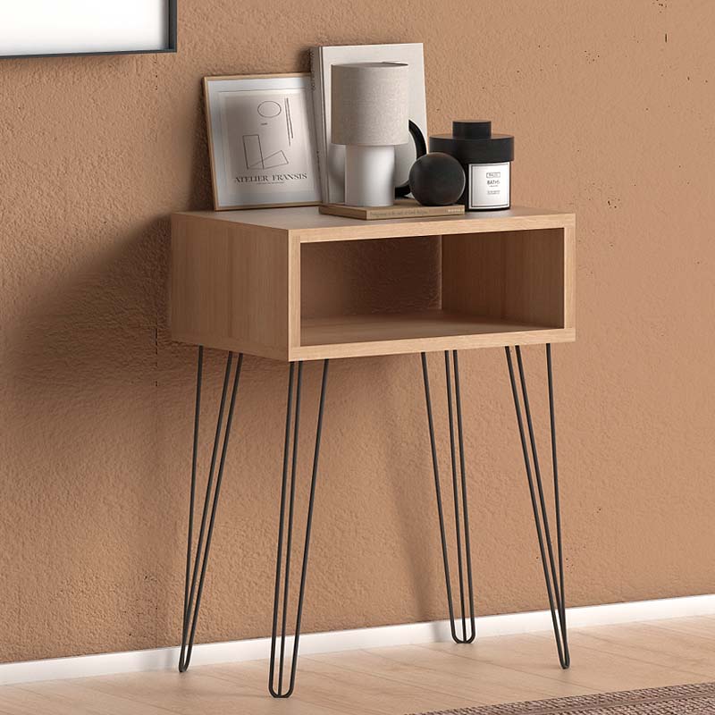 FIONA Nightstand set in oak finish with black metal legs, showcasing its sleek design and functional shelf.