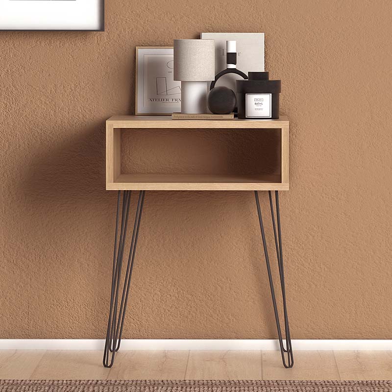 FIONA Nightstand set in oak finish with black metal legs, showcasing its sleek design and functional shelf.