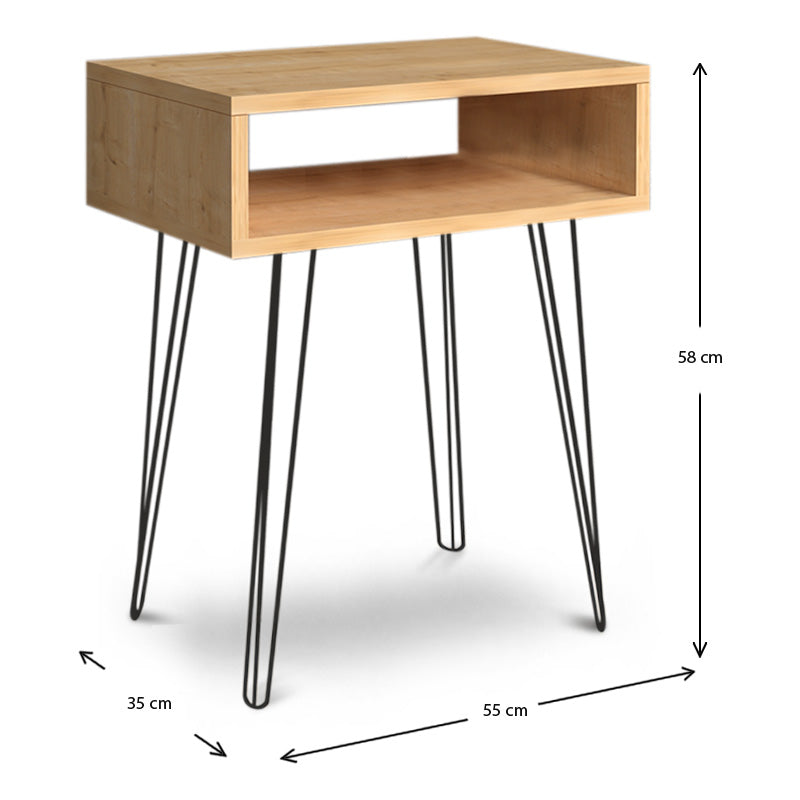 FIONA Nightstand set in oak finish with black metal legs, showcasing its sleek design and functional shelf.