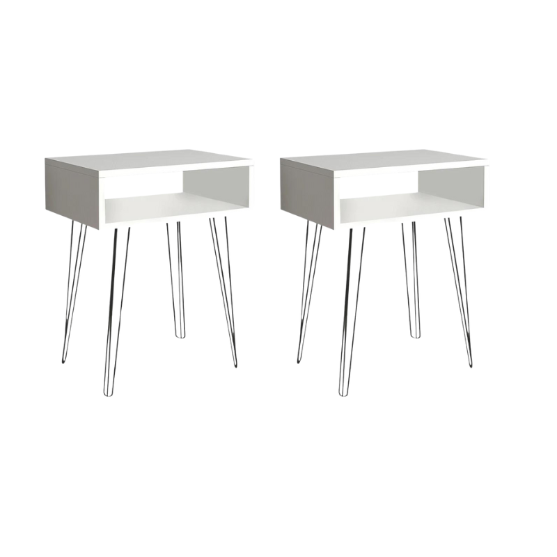 FIONA Nightstand Set in white with black metal legs, showcasing a sleek design and under-shelf storage.