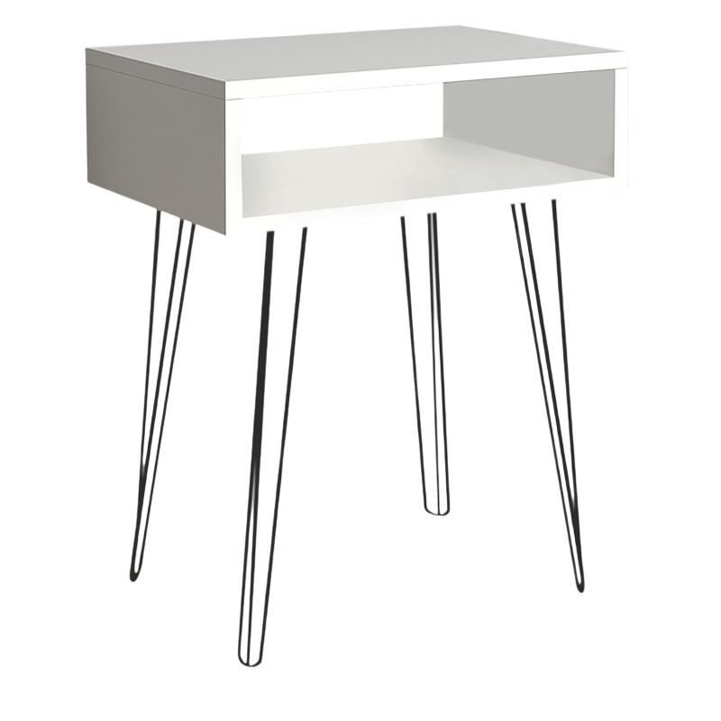 FIONA Nightstand Set in white with black metal legs, showcasing a sleek design and under-shelf storage.