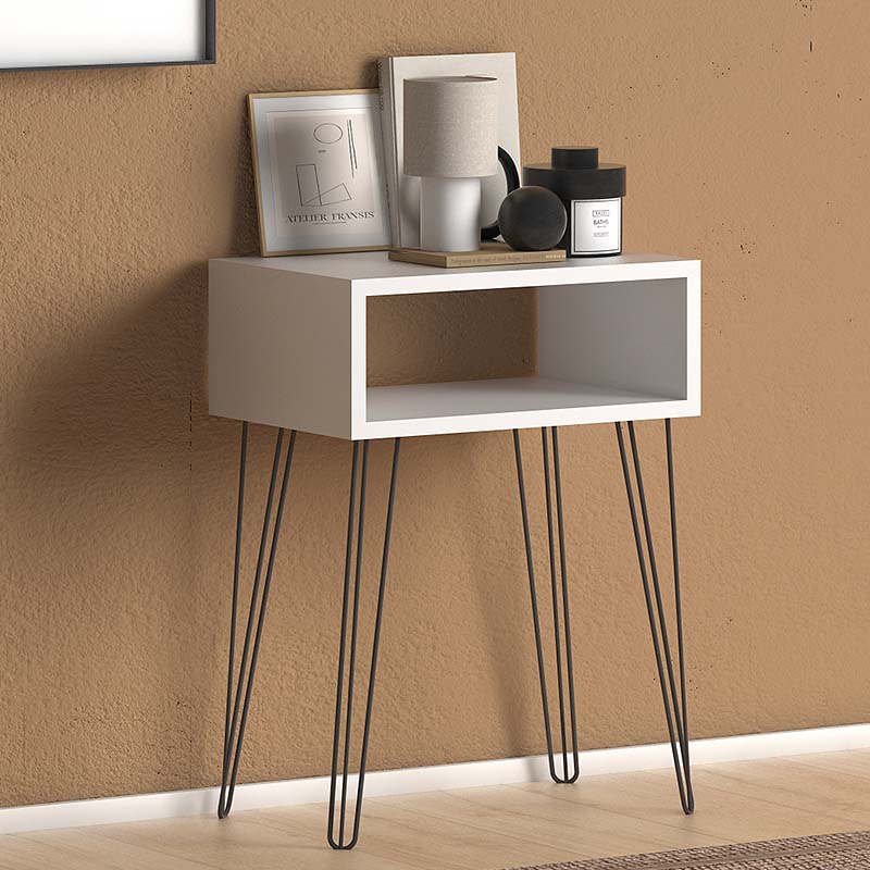 FIONA Nightstand Set in white with black metal legs, showcasing a sleek design and under-shelf storage.