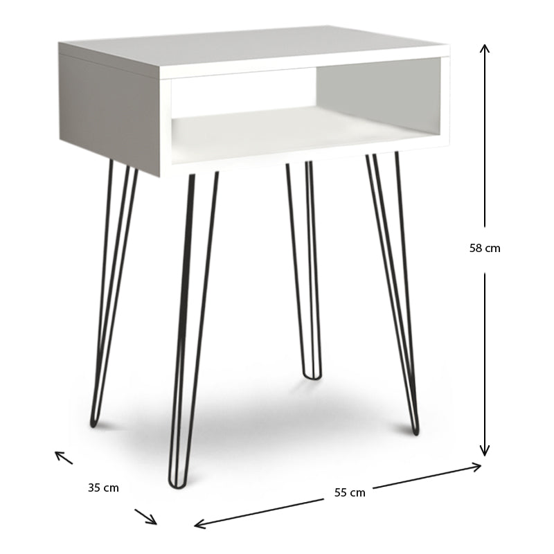 FIONA Nightstand Set in white with black metal legs, showcasing a sleek design and under-shelf storage.