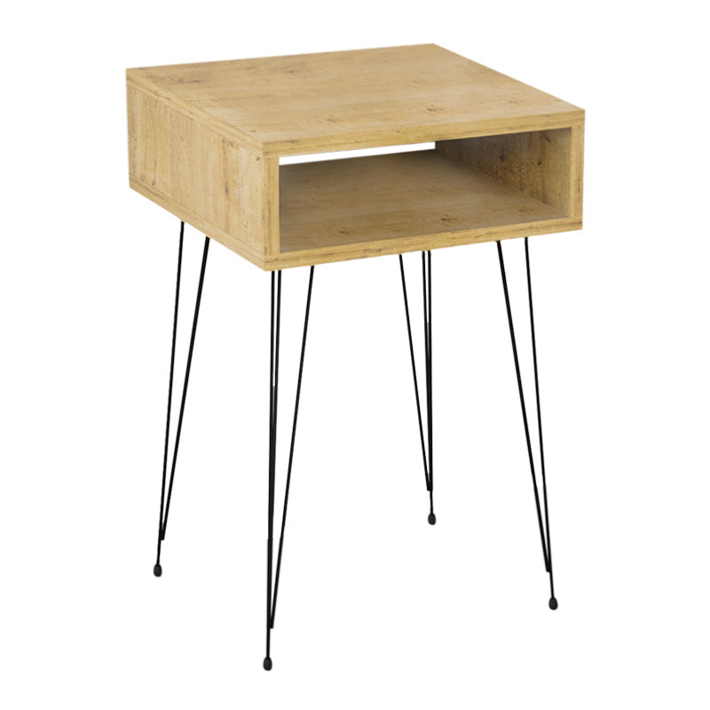 GABRIEL Oak Nightstand with black metal legs, showcasing its elegant design and oak finish.