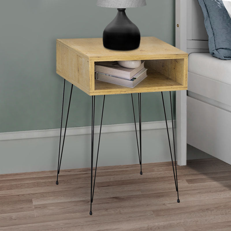 GABRIEL Oak Nightstand with black metal legs, showcasing its elegant design and oak finish.