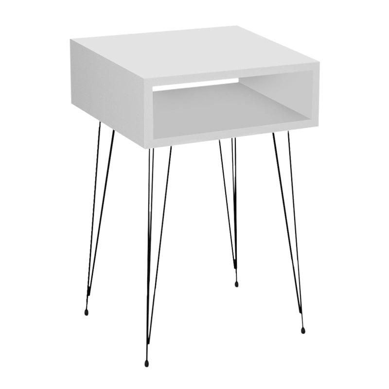 Two elegant white GABRIEL nightstands with black metal legs, showcasing modern design and compact dimensions.