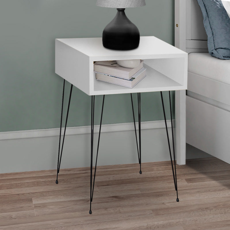 Two elegant white GABRIEL nightstands with black metal legs, showcasing modern design and compact dimensions.