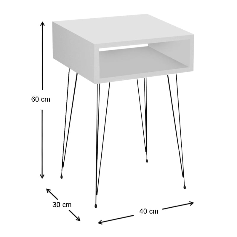 Two elegant white GABRIEL nightstands with black metal legs, showcasing modern design and compact dimensions.