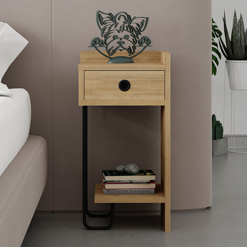 HALF Oak Nightstand with melamine finish and metal foot, measuring 32x30x61 cm, ideal for bedroom or office use.