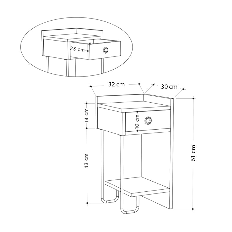 HALF Oak Nightstand with melamine finish and metal foot, measuring 32x30x61 cm, ideal for bedroom or office use.