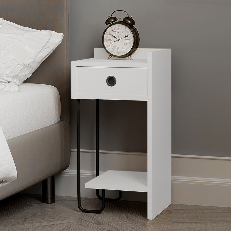 HALF White Nightstand with melamine finish, featuring a modern design and sturdy metal foot, ideal for bedrooms and living spaces.