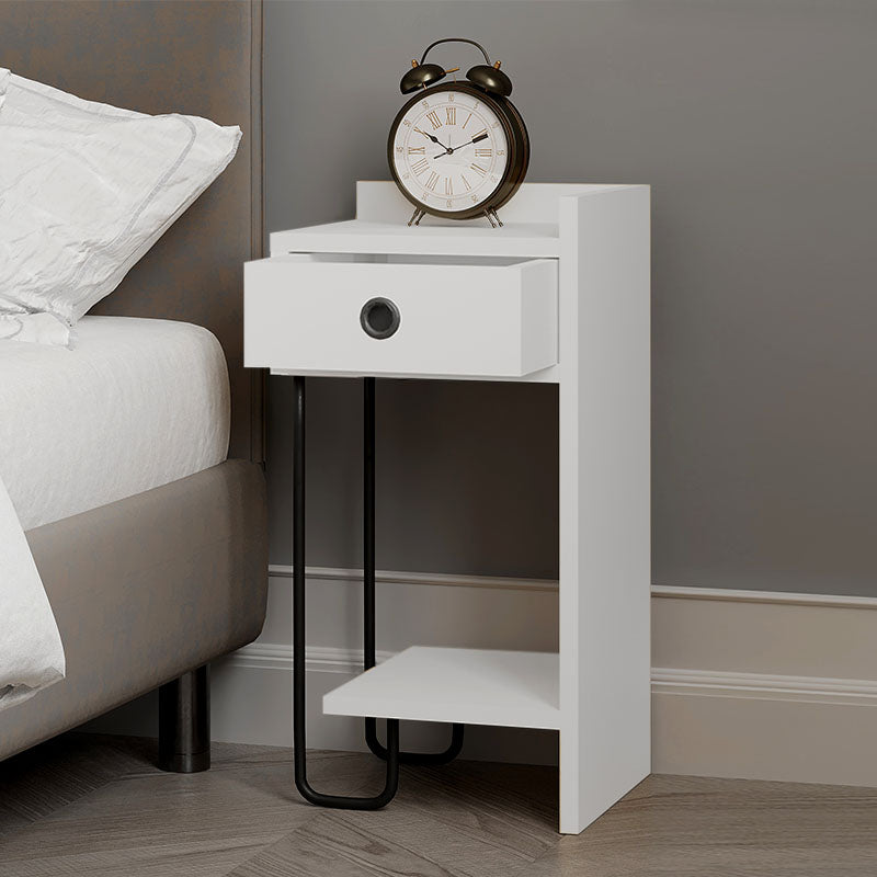 HALF White Nightstand with melamine finish, featuring a modern design and sturdy metal foot, ideal for bedrooms and living spaces.