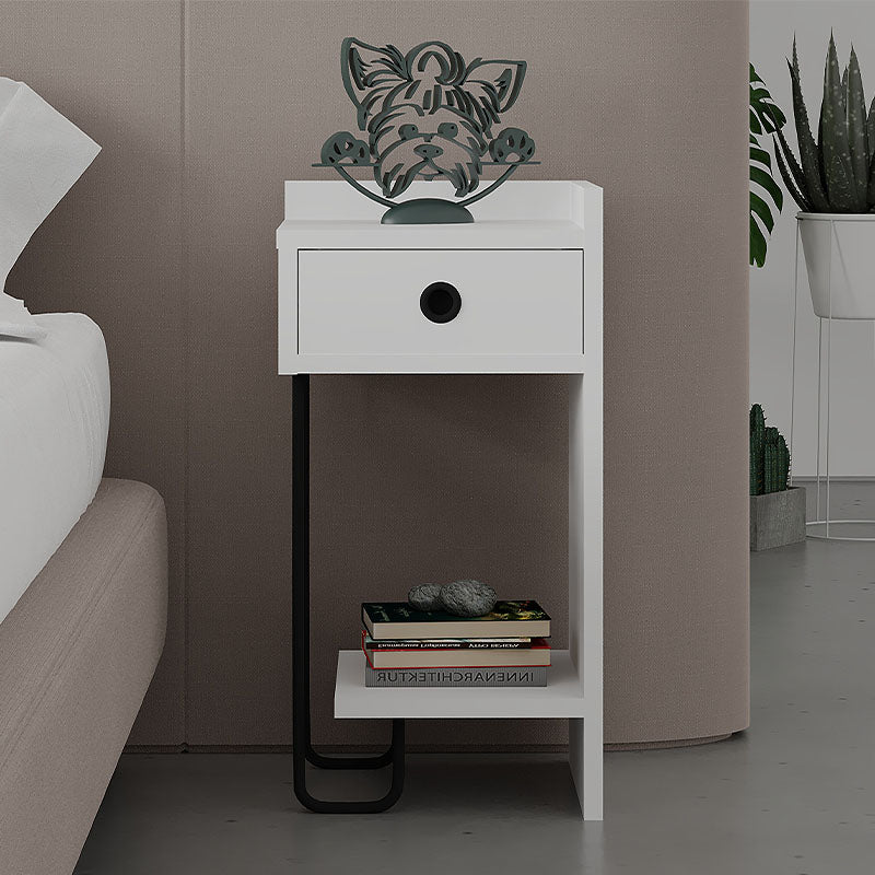 HALF White Nightstand with melamine finish, featuring a modern design and sturdy metal foot, ideal for bedrooms and living spaces.