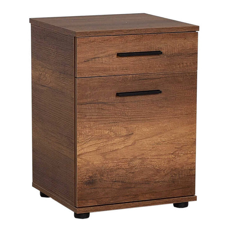 KRAMER Walnut Nightstand set featuring a drawer and cabinet, stylish design, and compact dimensions.