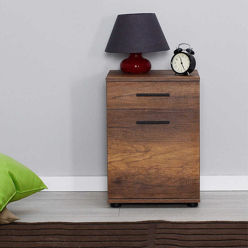 KRAMER Walnut Nightstand set featuring a drawer and cabinet, stylish design, and compact dimensions.