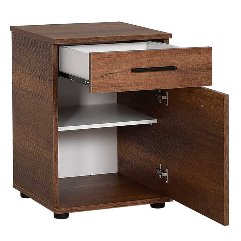 KRAMER Walnut Nightstand set featuring a drawer and cabinet, stylish design, and compact dimensions.