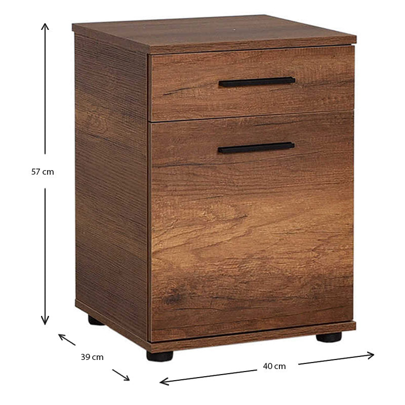 KRAMER Walnut Nightstand set featuring a drawer and cabinet, stylish design, and compact dimensions.