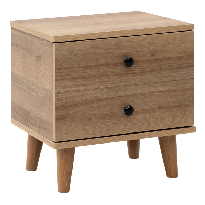 LAURA Nightstand in pine oak with two drawers, dimensions 45x35x47 cm, showcasing modern design and quality melamine finish.