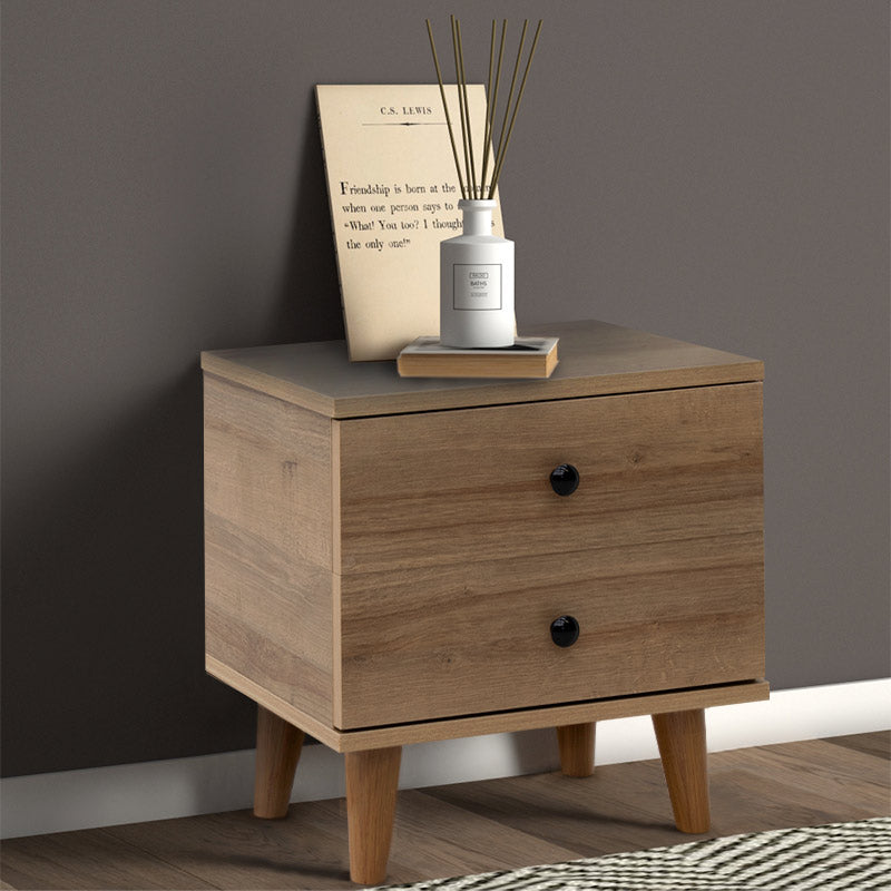 LAURA Nightstand in pine oak with two drawers, dimensions 45x35x47 cm, showcasing modern design and quality melamine finish.