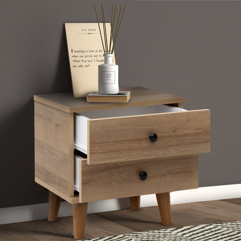 LAURA Nightstand in pine oak with two drawers, dimensions 45x35x47 cm, showcasing modern design and quality melamine finish.