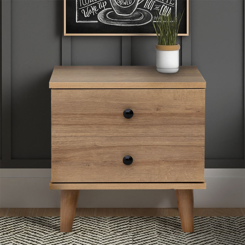 LAURA Nightstand in pine oak with two drawers, dimensions 45x35x47 cm, showcasing modern design and quality melamine finish.