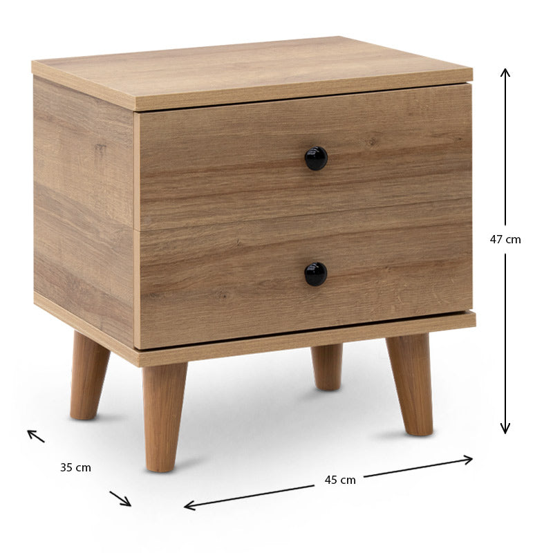 LAURA Nightstand in pine oak with two drawers, dimensions 45x35x47 cm, showcasing modern design and quality melamine finish.