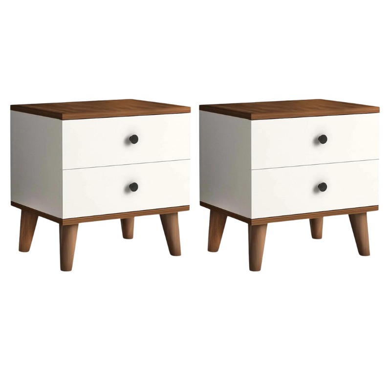 Nightstand LAURA in white and walnut finish, featuring two drawers and modern design, perfect for bedroom use.