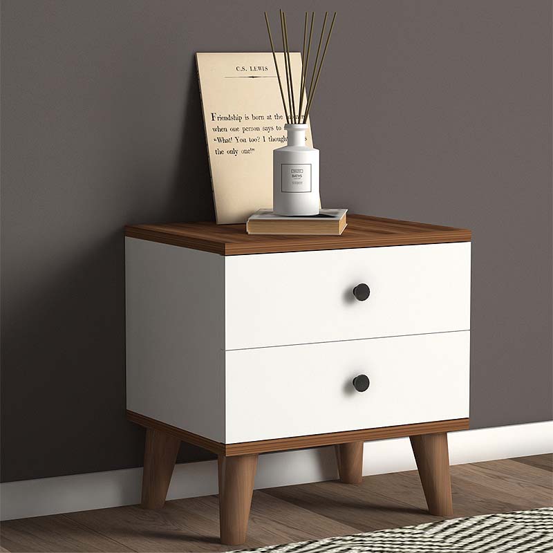 Nightstand LAURA in white and walnut finish, featuring two drawers and modern design, perfect for bedroom use.