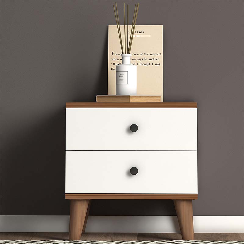 Nightstand LAURA in white and walnut finish, featuring two drawers and modern design, perfect for bedroom use.