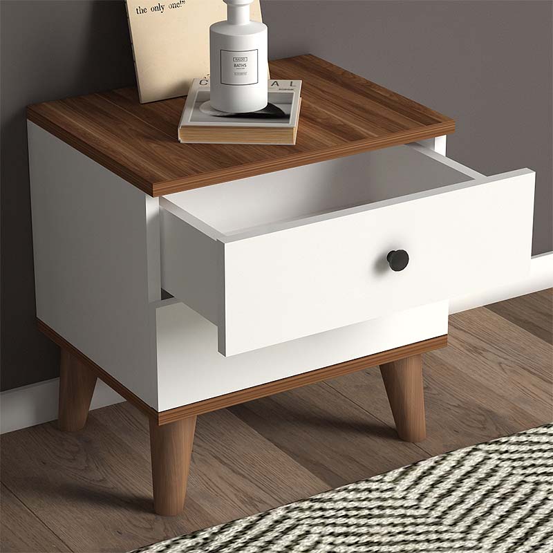 Nightstand LAURA in white and walnut finish, featuring two drawers and modern design, perfect for bedroom use.