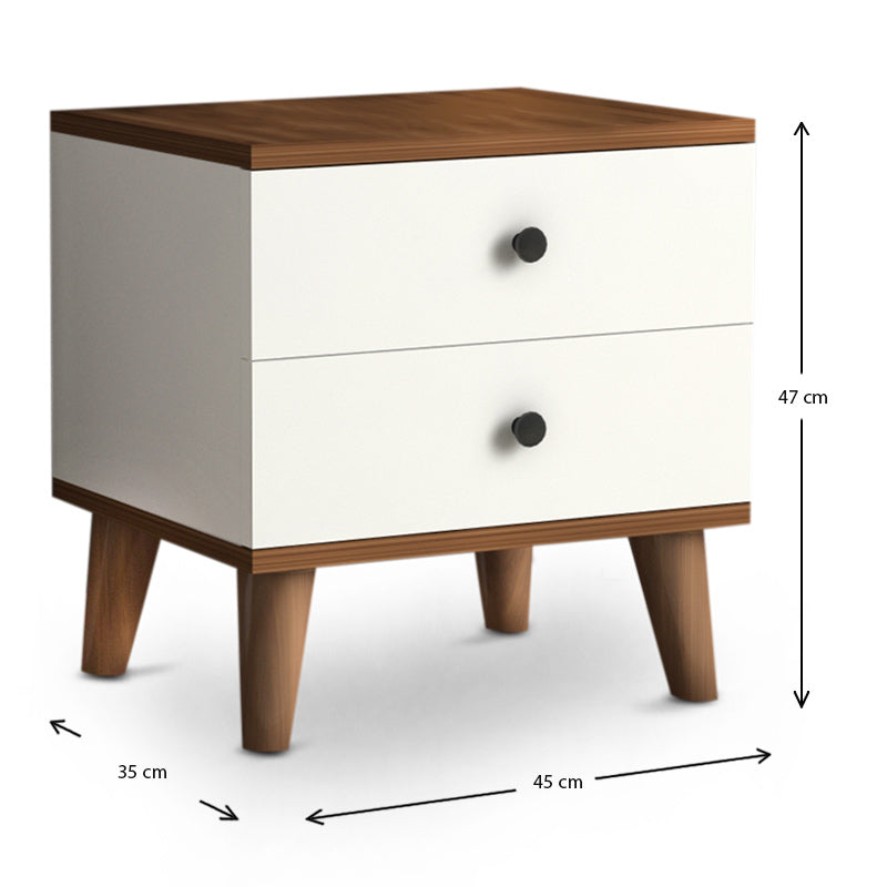 Nightstand LAURA in white and walnut finish, featuring two drawers and modern design, perfect for bedroom use.