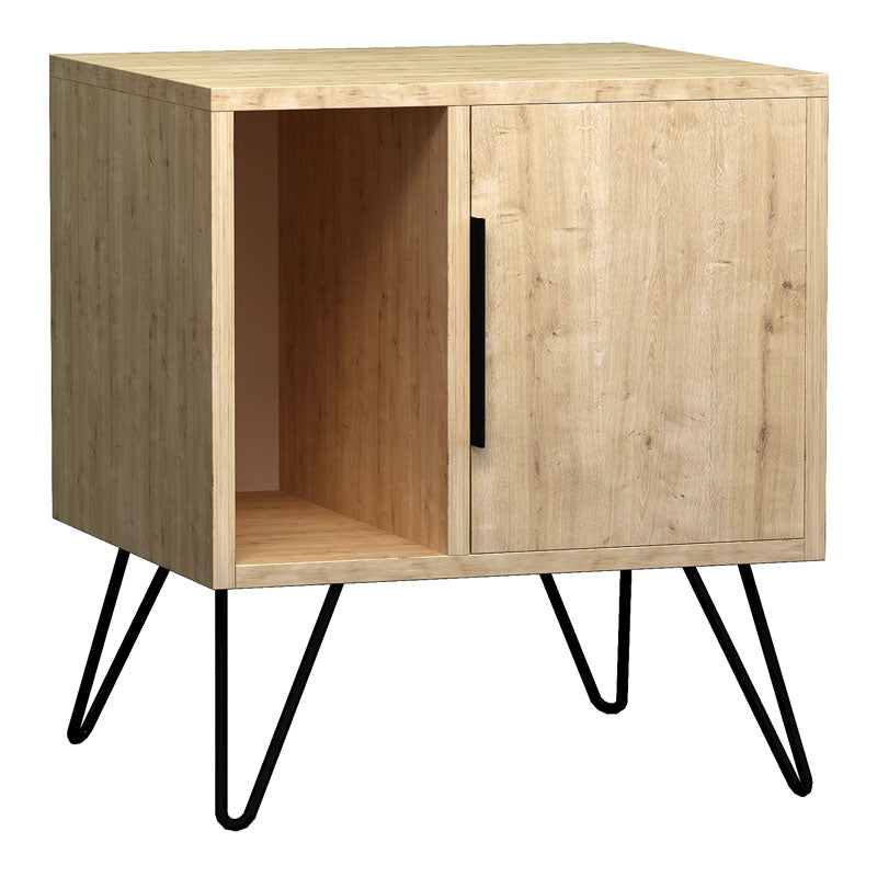 MARA Nightstand in oak finish with metal legs, showcasing its compact design and elegant style.