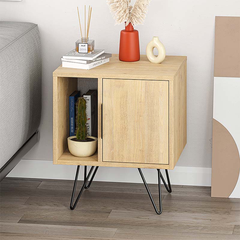 MARA Nightstand in oak finish with metal legs, showcasing its compact design and elegant style.