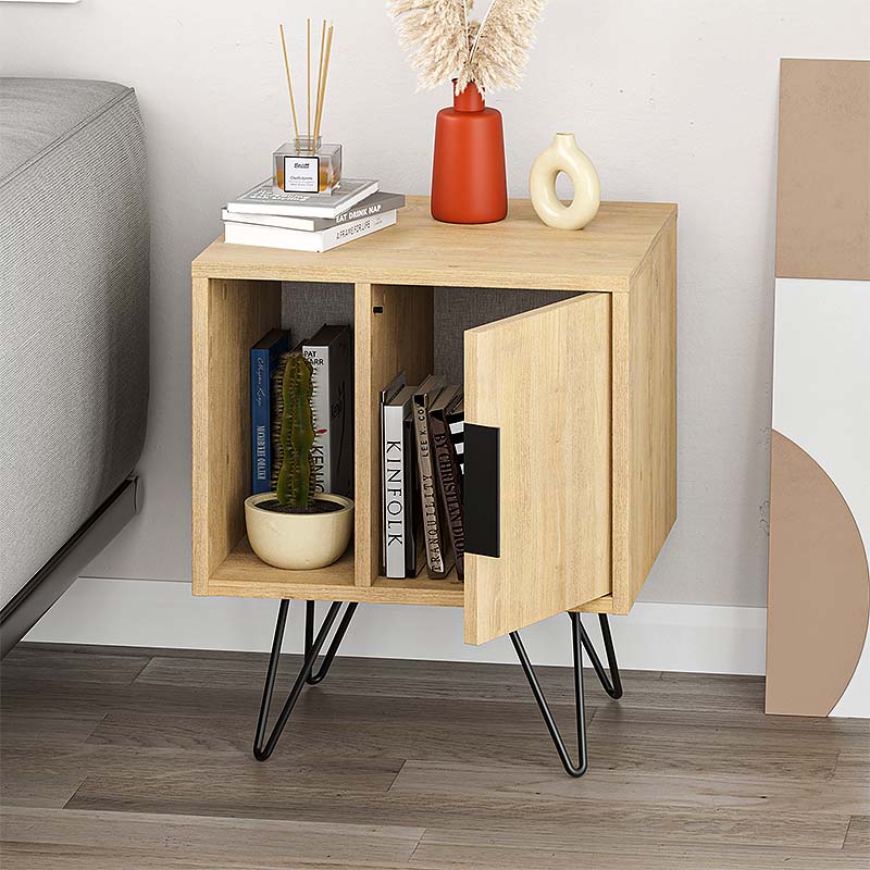 MARA Nightstand in oak finish with metal legs, showcasing its compact design and elegant style.