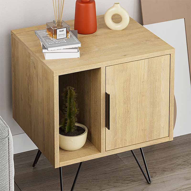 MARA Nightstand in oak finish with metal legs, showcasing its compact design and elegant style.