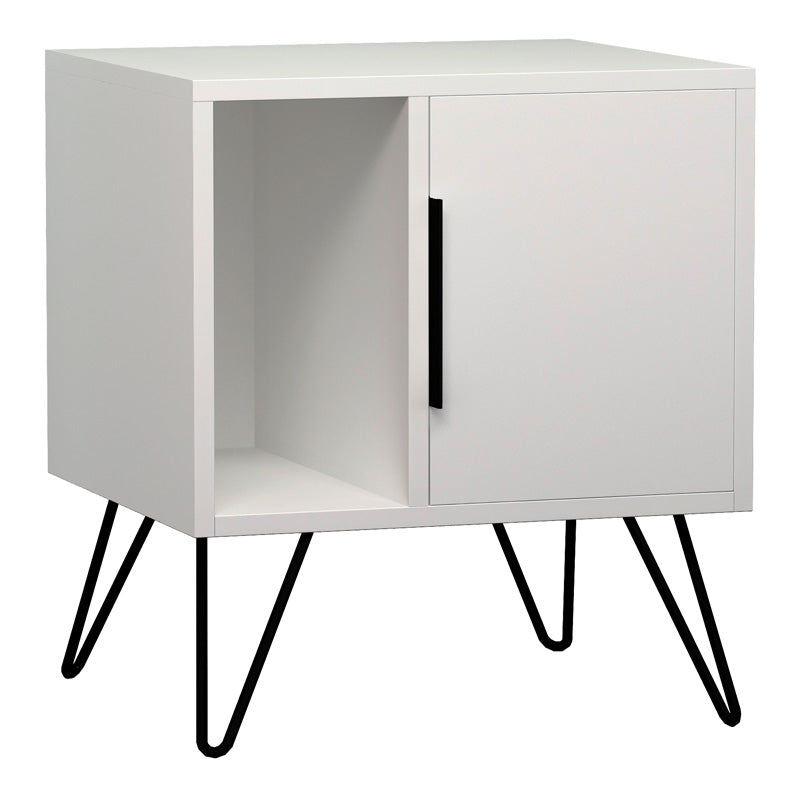 White MARA Nightstand with metal legs, dimensions 50.2x44.6x58cm, showcasing a sleek and modern design.